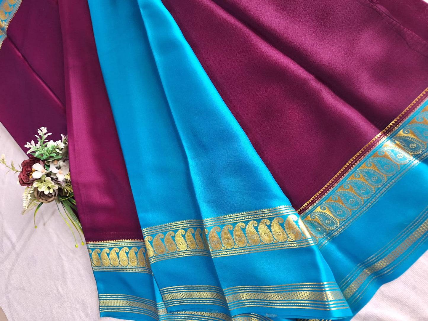 Pure Mysore Crepe Silk - Magenta & Capri Blue accented Kairi Motifs Border