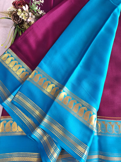 Pure Mysore Crepe Silk - Magenta & Capri Blue accented Kairi Motifs Border