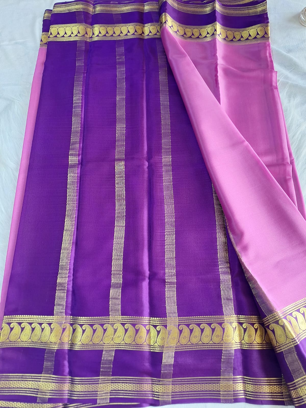 Pure Mysore Crepe Silk - Mauve & Purple accented Kairi Motifs Border