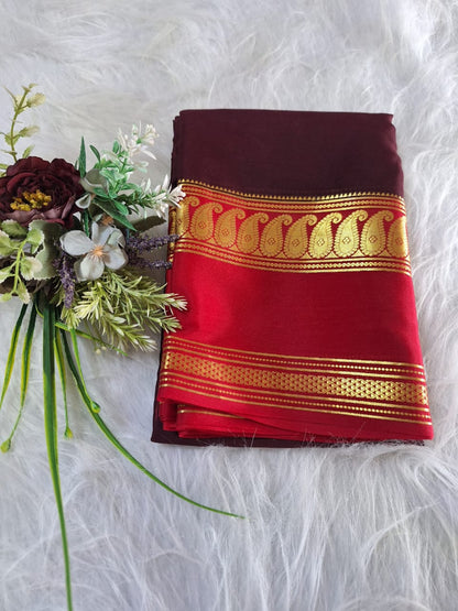 Pure Mysore Crepe Silk - Maroon & Red accented Kairi Motifs Border