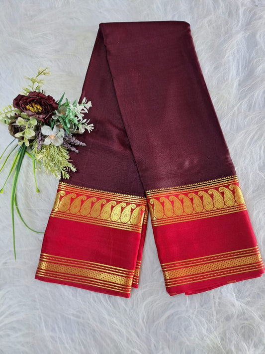 Pure Mysore Crepe Silk - Maroon & Red accented Kairi Motifs Border
