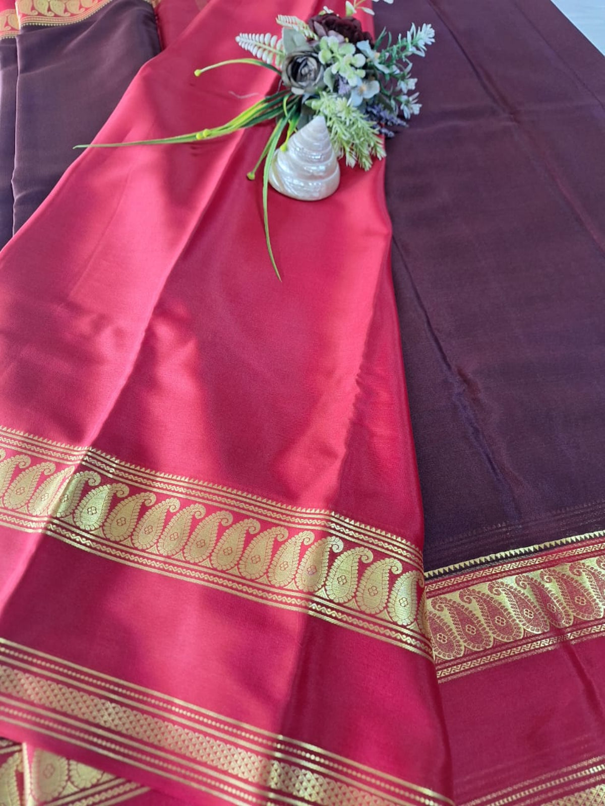 Pure Mysore Crepe Silk - Maroon & Red accented Kairi Motifs Border