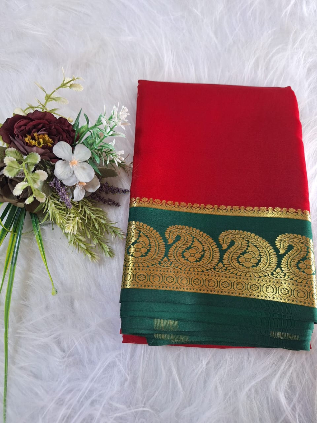 Pure Mysore Crepe Silk - Minimalist Red & Green Kairi Border