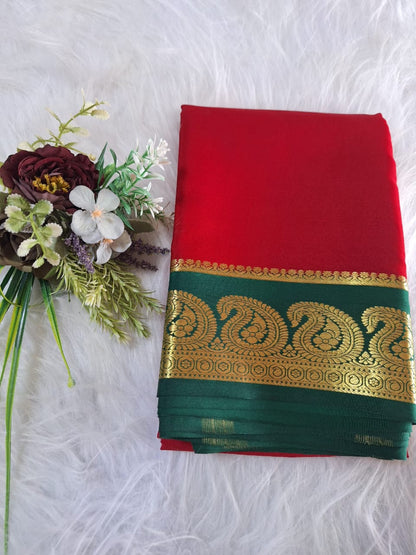 Pure Mysore Crepe Silk - Minimalist Red & Green Kairi Border
