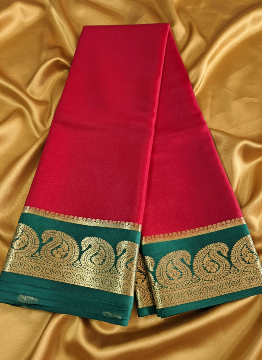 Pure Mysore Crepe Silk - Minimalist Red & Green Kairi Border