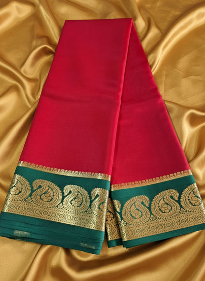 Pure Mysore Crepe Silk - Minimalist Red & Green Kairi Border