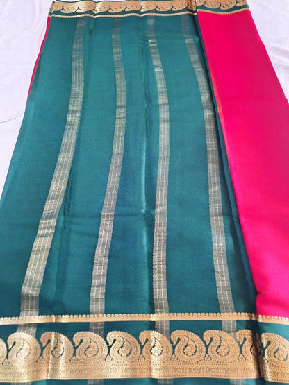 Pure Mysore Crepe Silk - Minimalist Red & Green Kairi Border