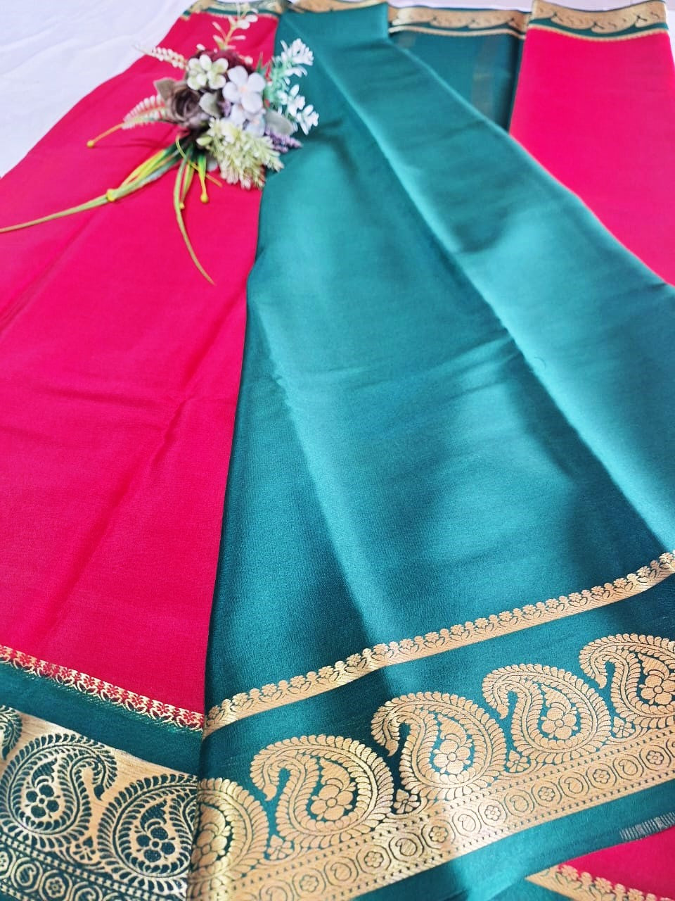Pure Mysore Crepe Silk - Minimalist Red & Green Kairi Border