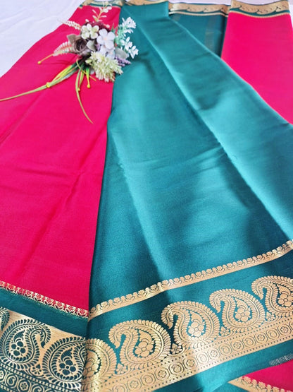 Pure Mysore Crepe Silk - Minimalist Red & Green Kairi Border