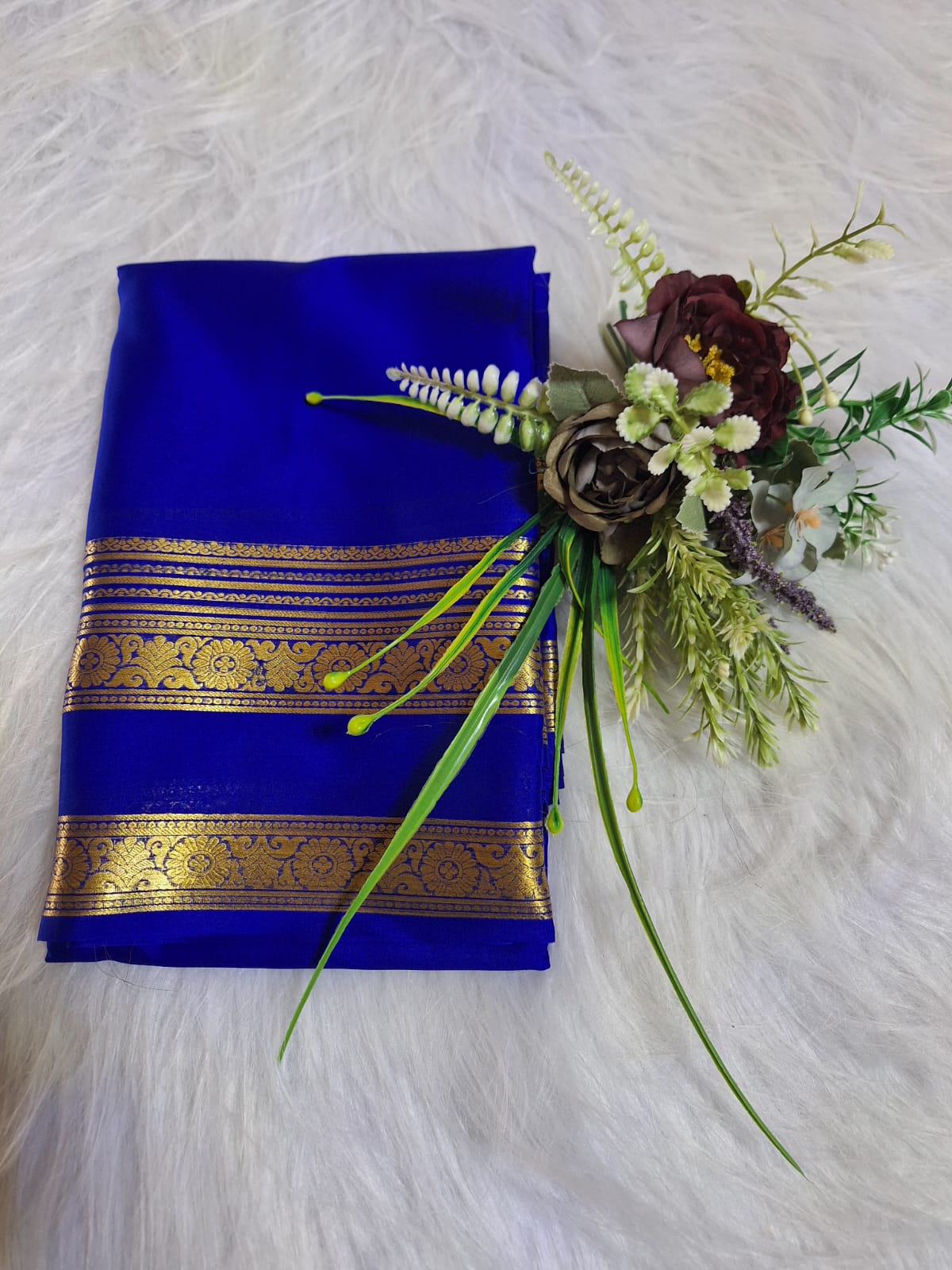 Pure Mysore Crepe Silk - Royal Blue Paradise designer Bentex Border