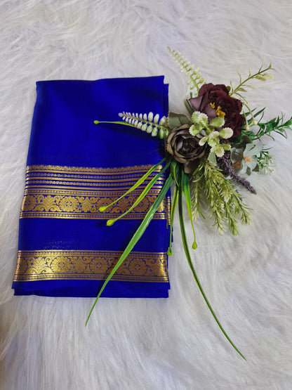 Pure Mysore Crepe Silk - Royal Blue Paradise designer Bentex Border