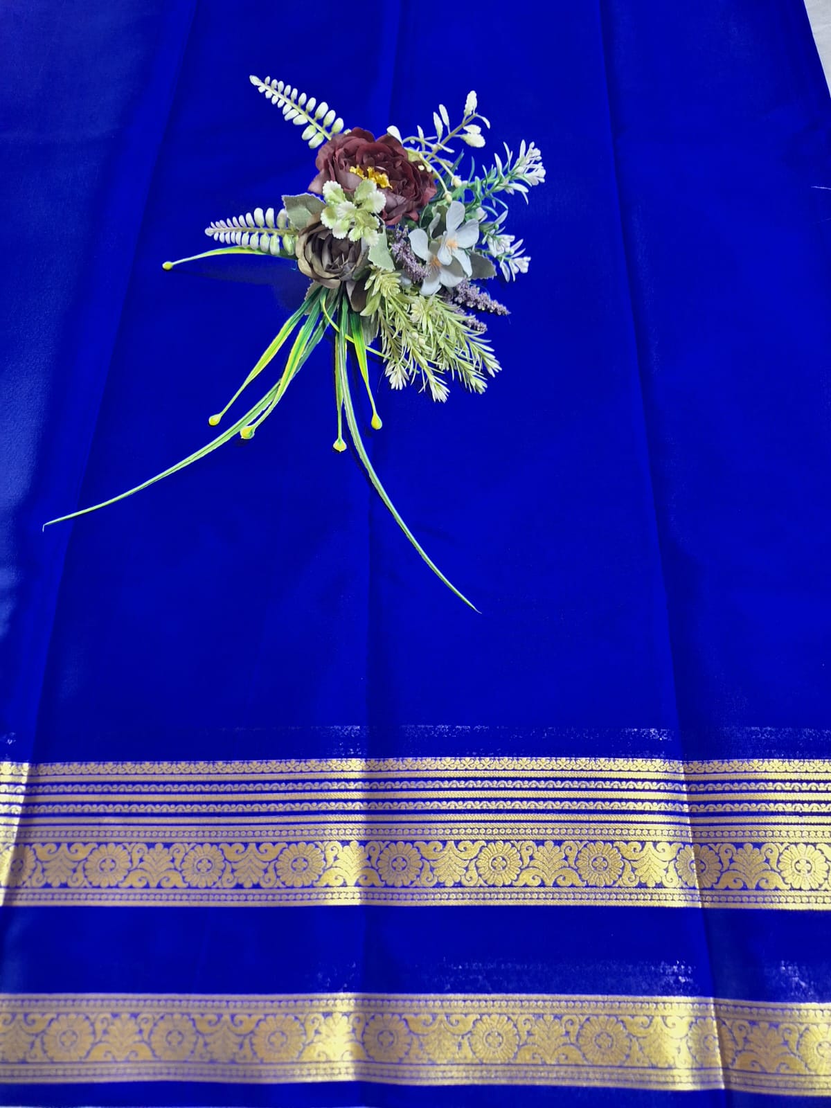 Pure Mysore Crepe Silk - Royal Blue Paradise designer Bentex Border