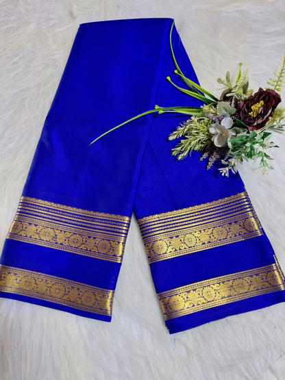 Pure Mysore Crepe Silk - Royal Blue Paradise designer Bentex Border