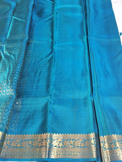 Pure Handloom Soft Silk - Teal Blue Brocade & Kanchi border