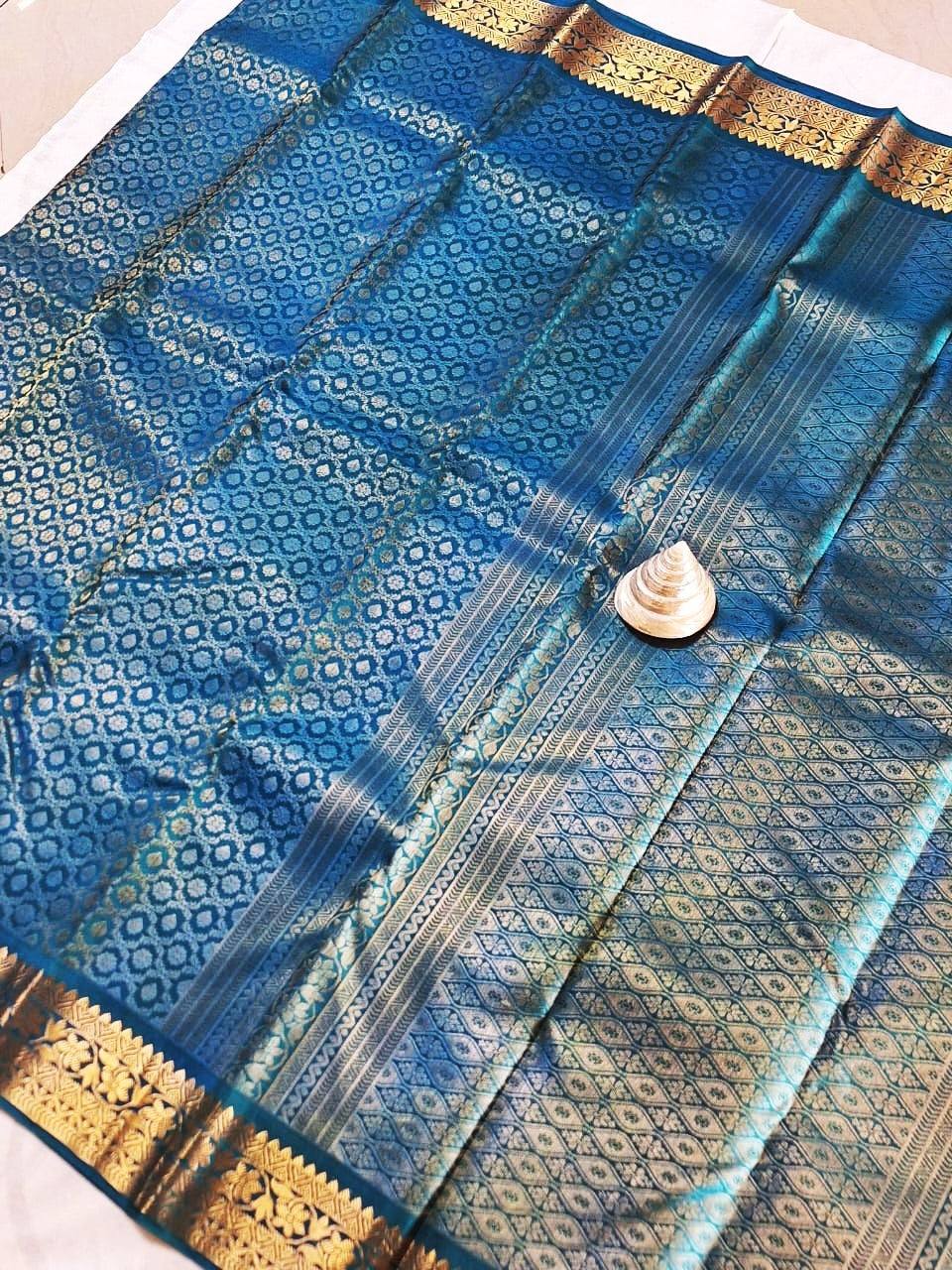 Pure Handloom Soft Silk - Teal Blue Brocade & Kanchi border