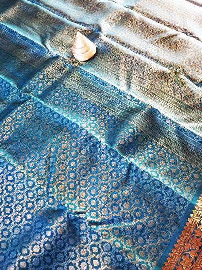 Pure Handloom Soft Silk - Teal Blue Brocade & Kanchi border