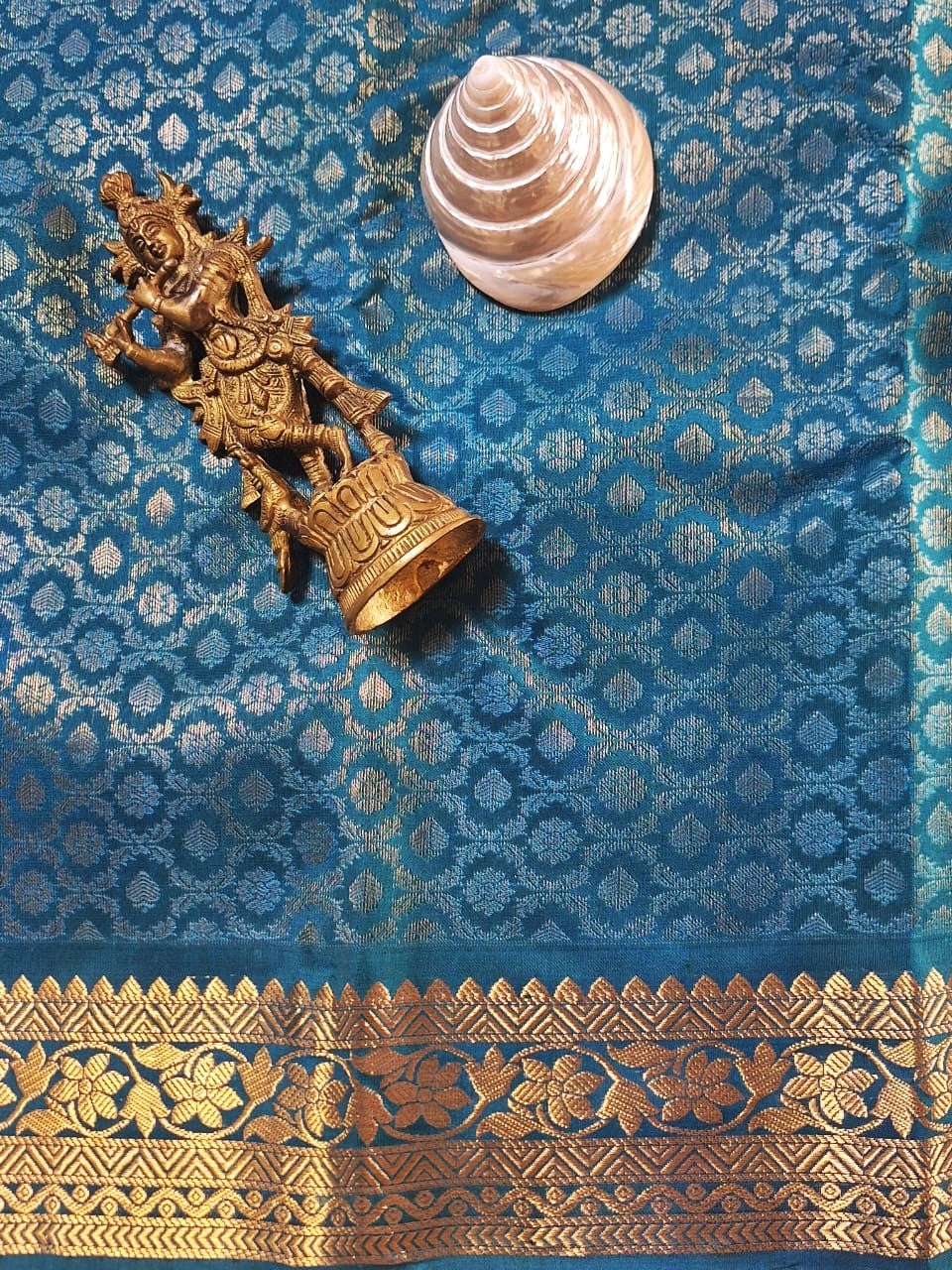 Pure Handloom Soft Silk - Teal Blue Brocade & Kanchi border