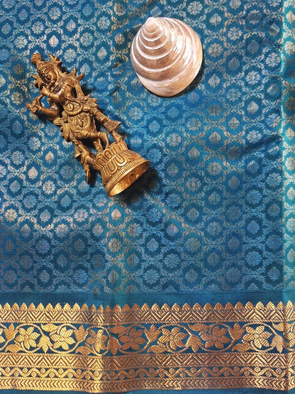 Pure Handloom Soft Silk - Teal Blue Brocade & Kanchi border