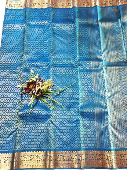 Pure Handloom Soft Silk - Teal Blue Brocade & Kanchi border