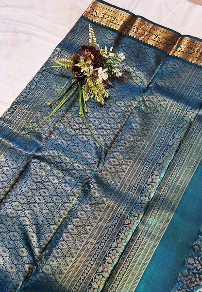 Pure Handloom Soft Silk - Teal Blue Brocade & Kanchi border