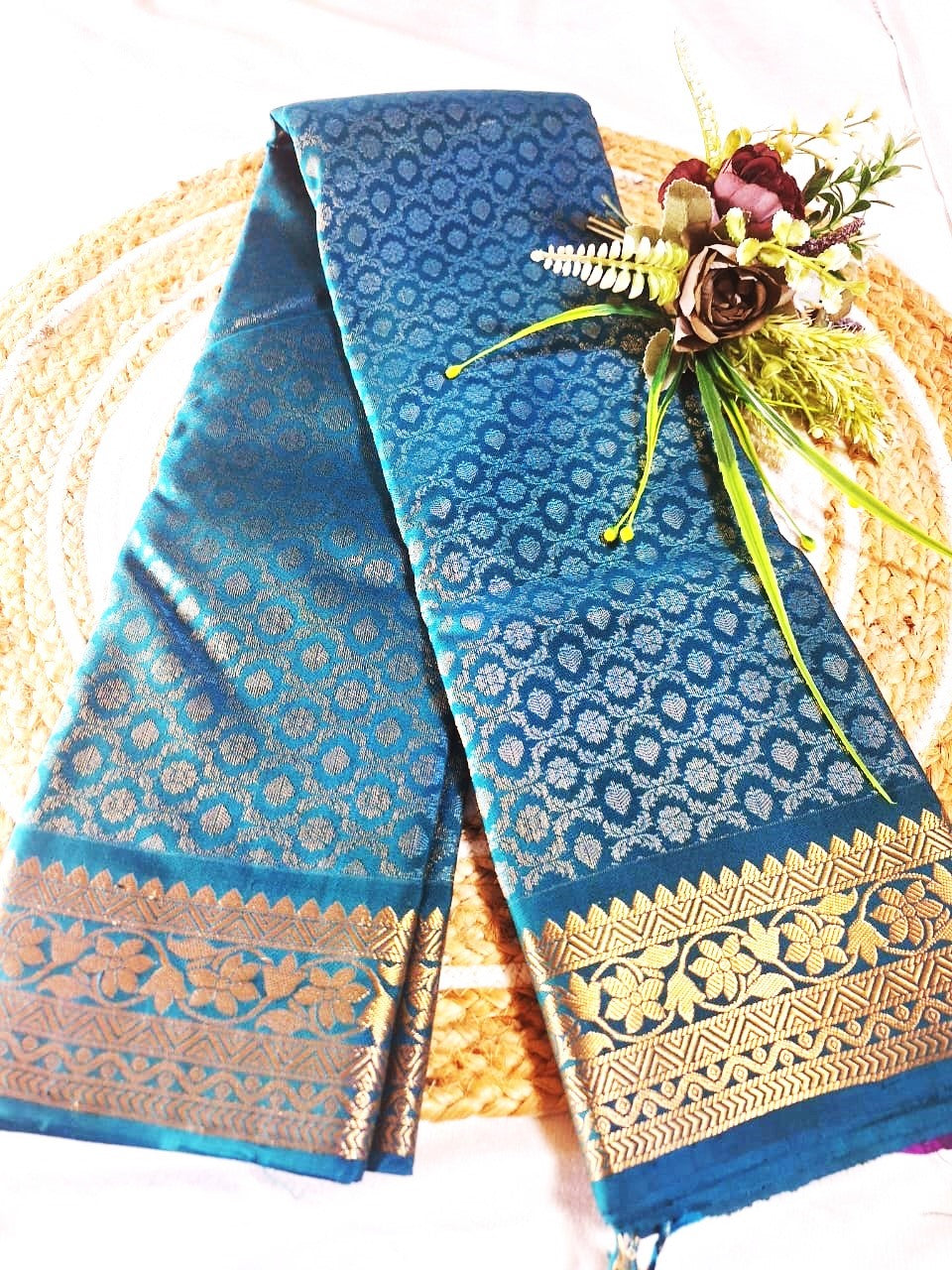 Pure Handloom Soft Silk - Teal Blue Brocade & Kanchi border