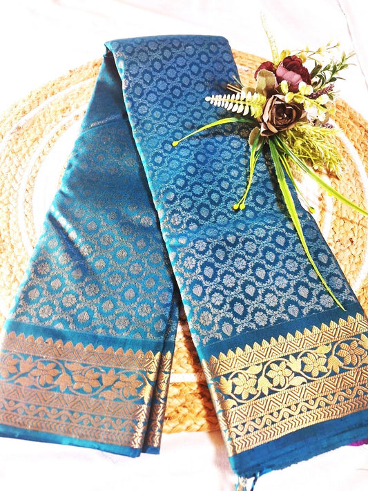 Pure Handloom Soft Silk - Teal Blue Brocade & Kanchi border
