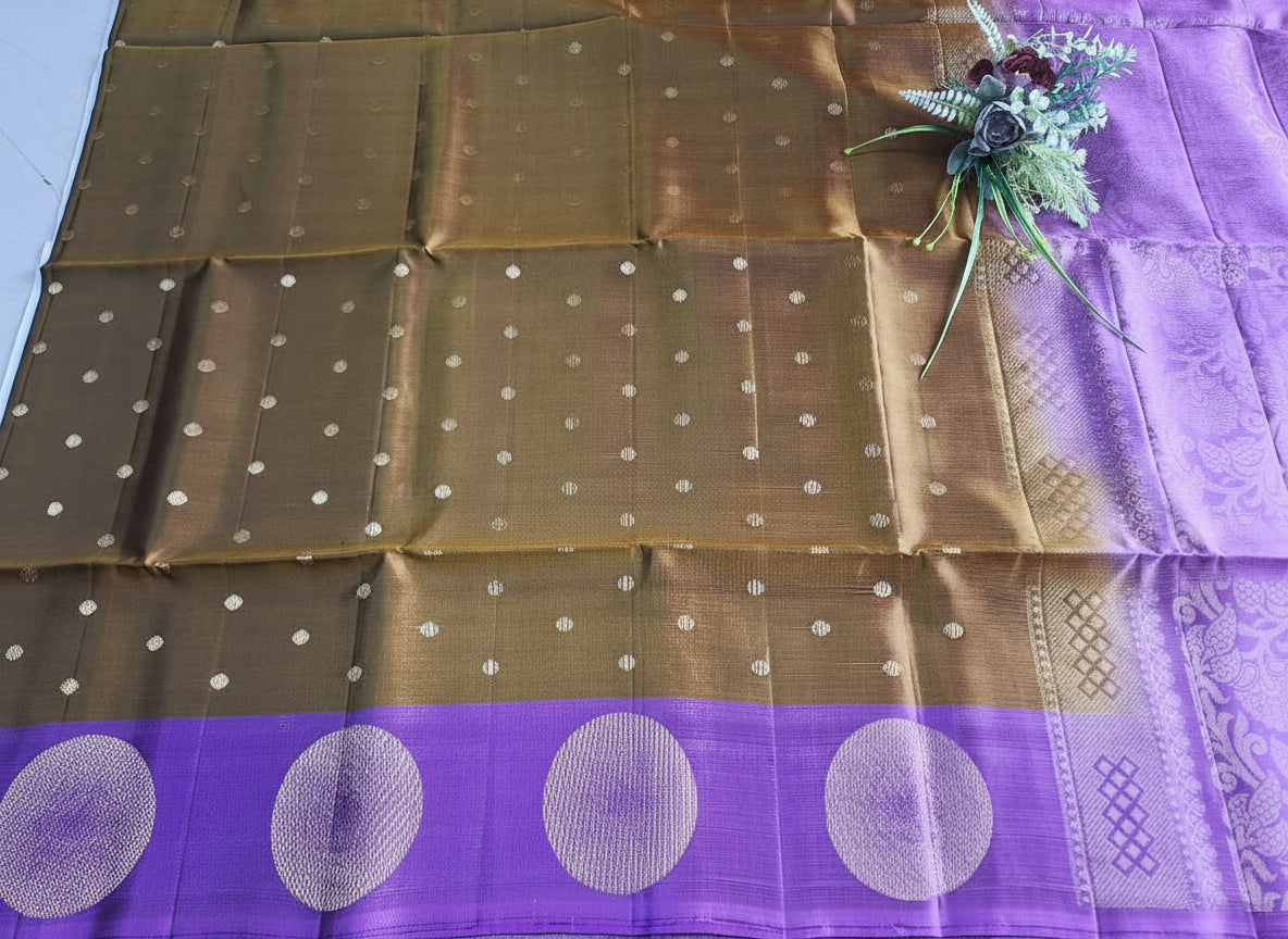 Pure Handloom Soft Silk - Golden Brown - Mauve Polka Dots