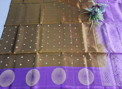 Pure Handloom Soft Silk - Golden Brown - Mauve Polka Dots