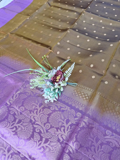 Pure Handloom Soft Silk - Golden Brown - Mauve Polka Dots