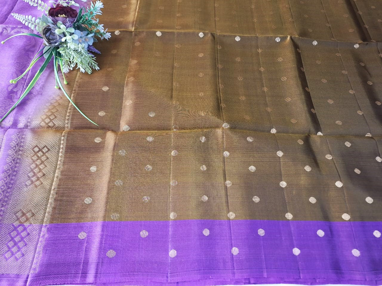 Pure Handloom Soft Silk - Golden Brown - Mauve Polka Dots