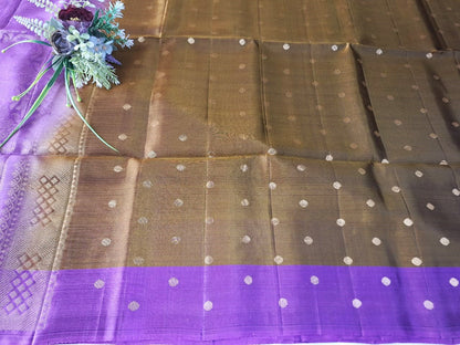 Pure Handloom Soft Silk - Golden Brown - Mauve Polka Dots