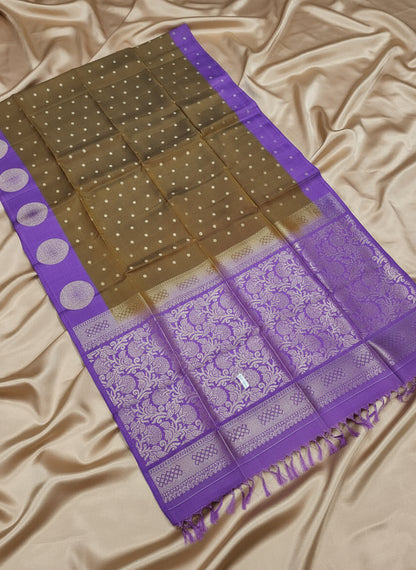 Pure Handloom Soft Silk - Golden Brown - Mauve Polka Dots