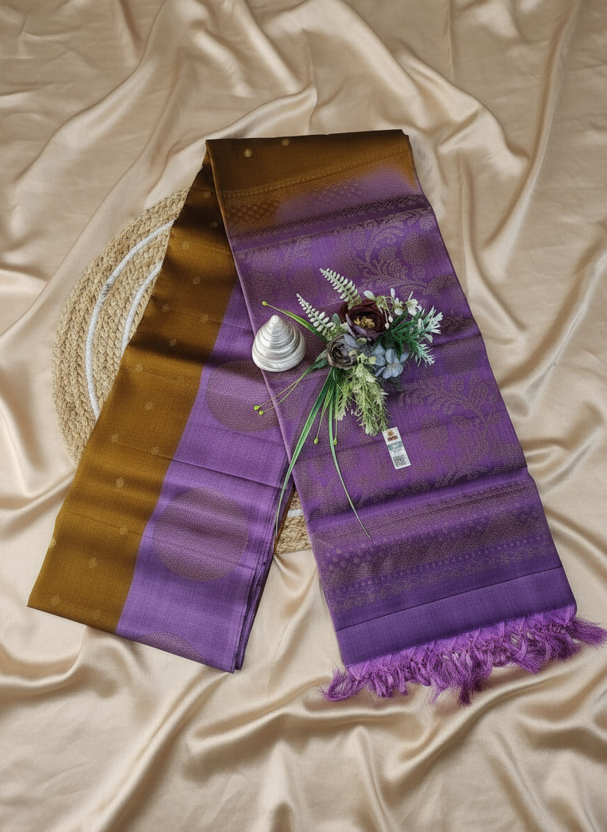 Pure Handloom Soft Silk - Golden Brown - Mauve Polka Dots