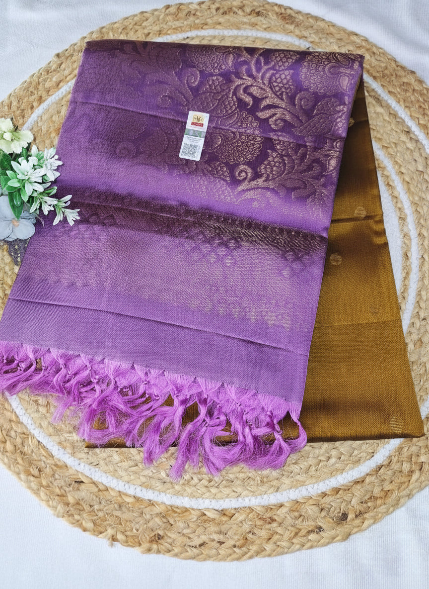 Pure Handloom Soft Silk - Golden Brown - Mauve Polka Dots