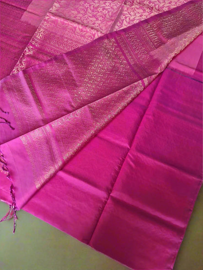 Pure Handloom Soft Silk - Brocade Light Pink & Rani