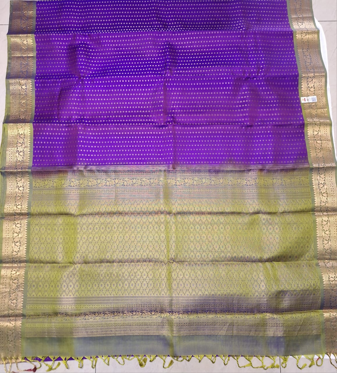 Pure Handloom Soft Silk - Vibrant Purple & Apple Green 1000 Boota & Kanchi Border