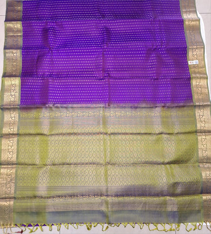 Pure Handloom Soft Silk - Vibrant Purple & Apple Green 1000 Boota & Kanchi Border