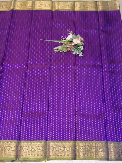 Pure Handloom Soft Silk - Vibrant Purple & Apple Green 1000 Boota & Kanchi Border