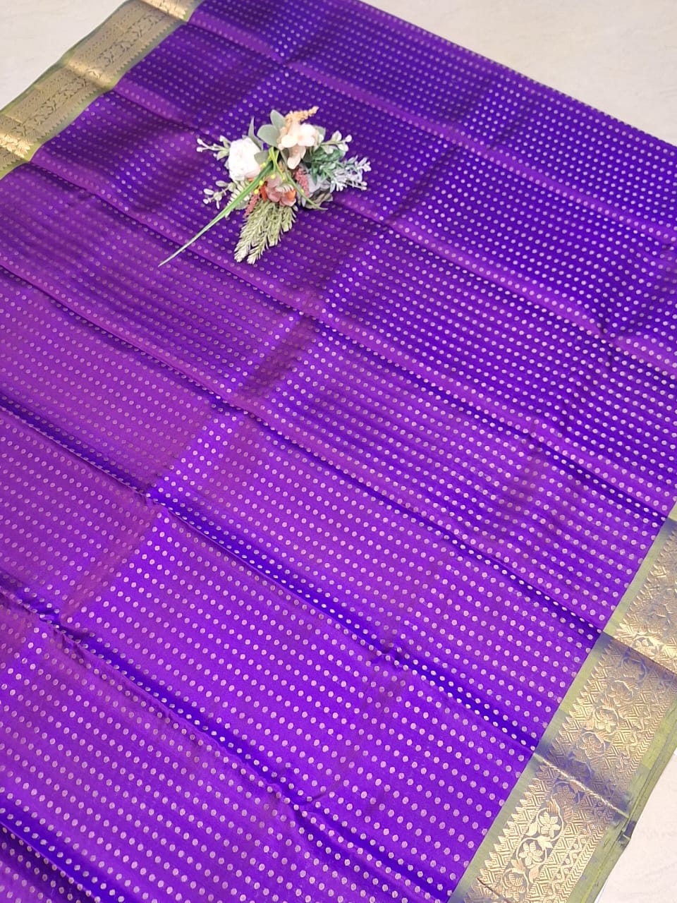 Pure Handloom Soft Silk - Vibrant Purple & Apple Green 1000 Boota & Kanchi Border
