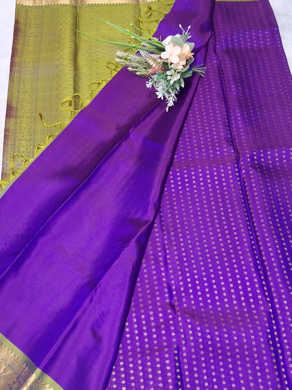 Pure Handloom Soft Silk - Vibrant Purple & Apple Green 1000 Boota & Kanchi Border