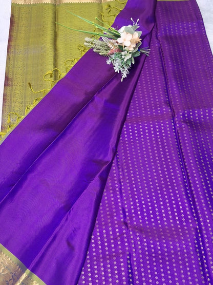 Pure Handloom Soft Silk - Vibrant Purple & Apple Green 1000 Boota & Kanchi Border