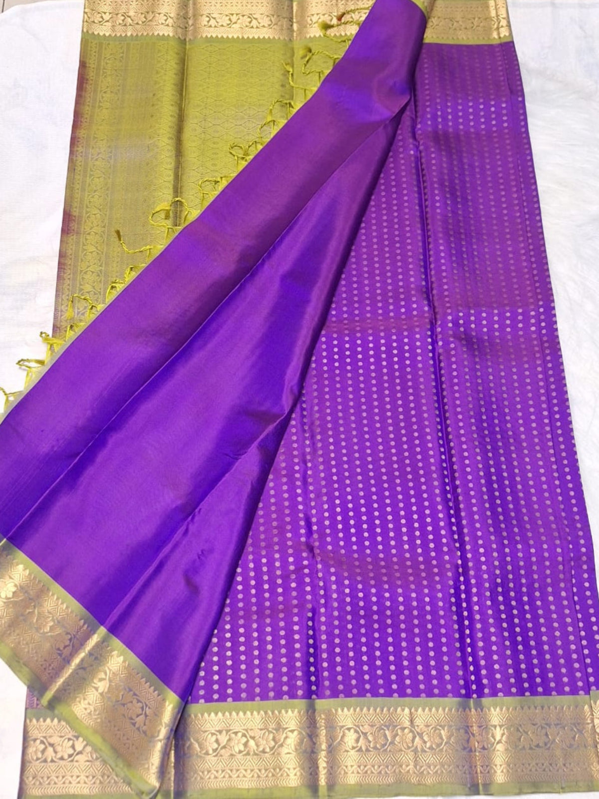 Pure Handloom Soft Silk - Vibrant Purple & Apple Green 1000 Boota & Kanchi Border