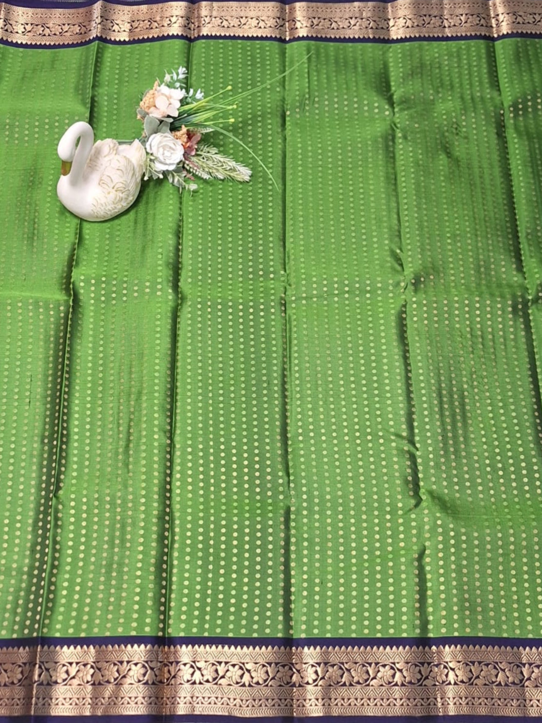 Pure Handloom Soft Silk - Lawn Green-Navy Blue 1000 boota with Kanchi border