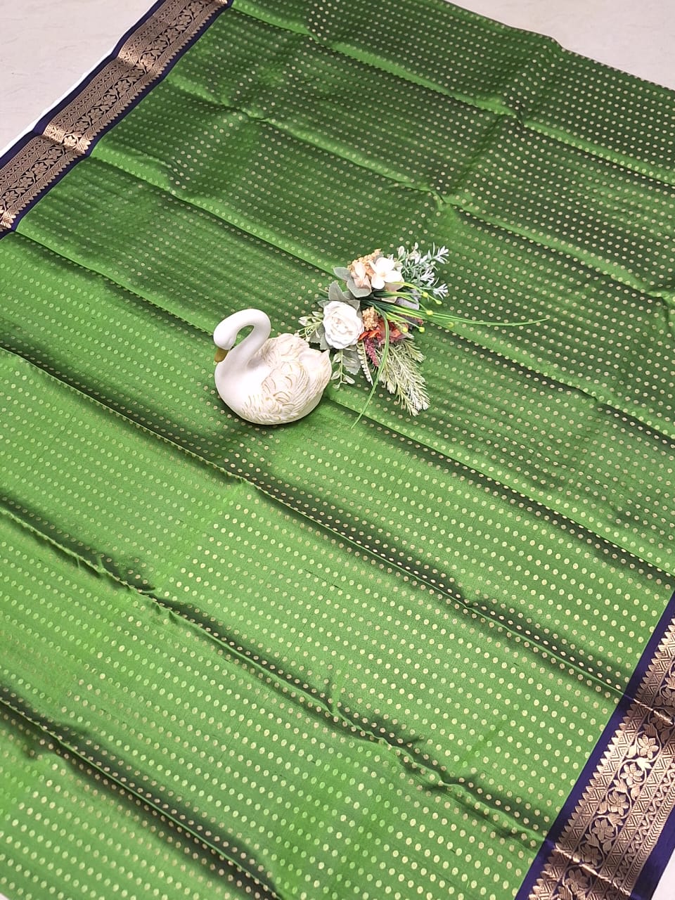 Pure Handloom Soft Silk - Lawn Green-Navy Blue 1000 boota with Kanchi border