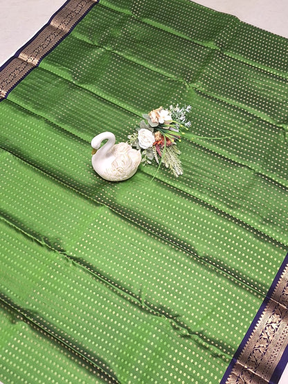 Pure Handloom Soft Silk - Lawn Green-Navy Blue 1000 boota with Kanchi border