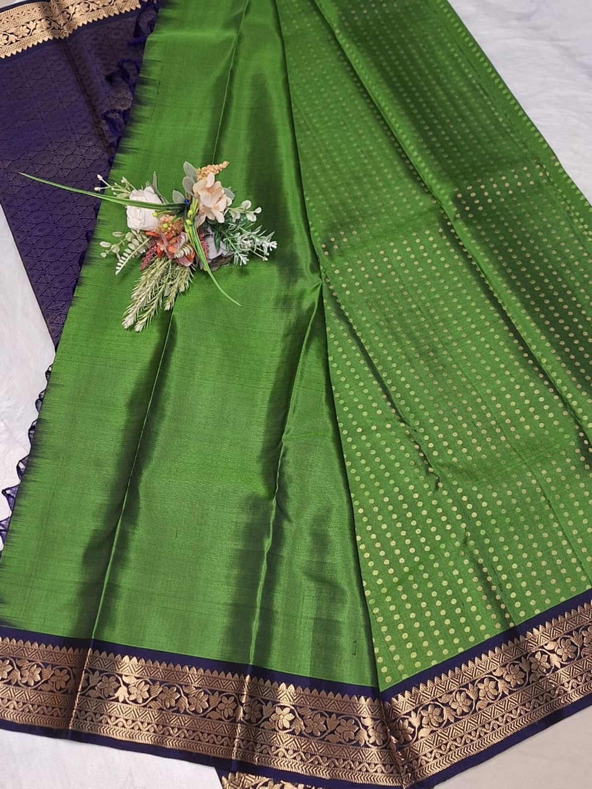 Pure Handloom Soft Silk - Lawn Green-Navy Blue 1000 boota with Kanchi border