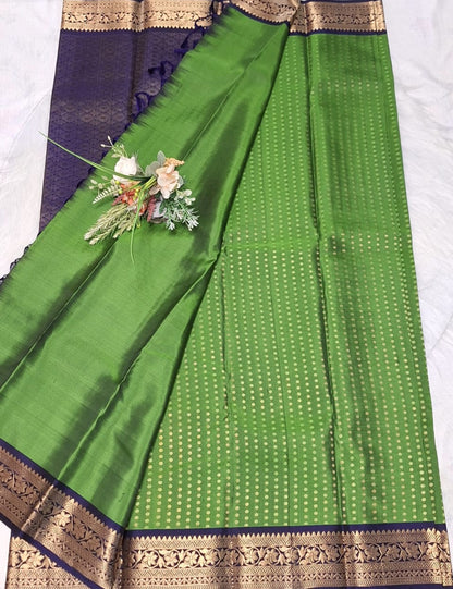 Pure Handloom Soft Silk - Lawn Green-Navy Blue 1000 boota with Kanchi border
