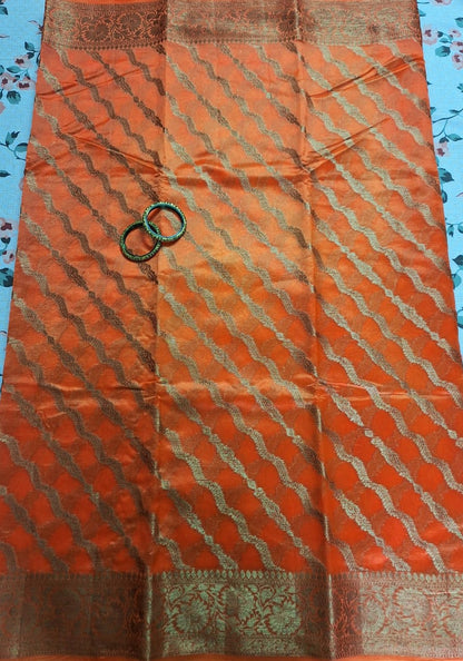Pure Handloom Banarasi Silk - Orange gold Antique Zari
