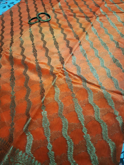 Pure Handloom Banarasi Silk - Orange gold Antique Zari
