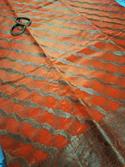 Pure Handloom Banarasi Silk - Orange gold Antique Zari